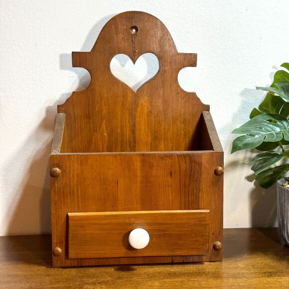 Vintage Wooden Hanging Box with Drawer and Top Open Pocket 13" Tall - Picture 1 of 12